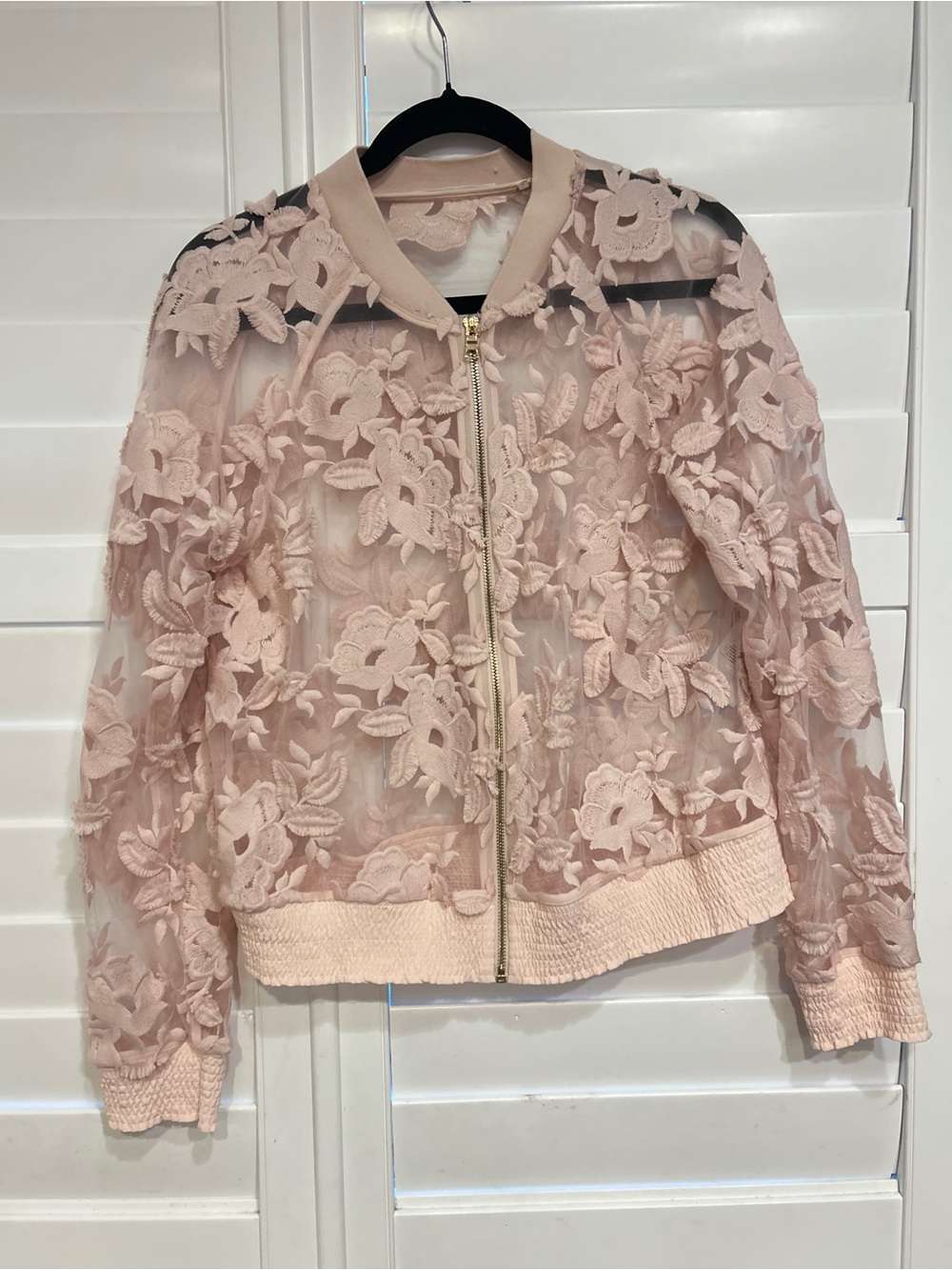 Tahari Floral Appliqué Sheer Bomber Jacket Light Pink Size Medium